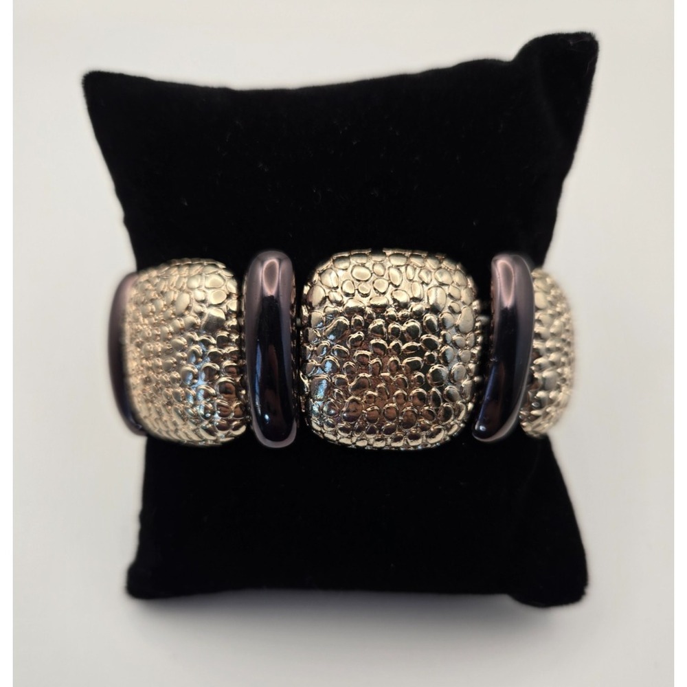 Monet‎ Signed Textured Pebbled Square Metal Brown & Silver Tone Stretch Bracelet
